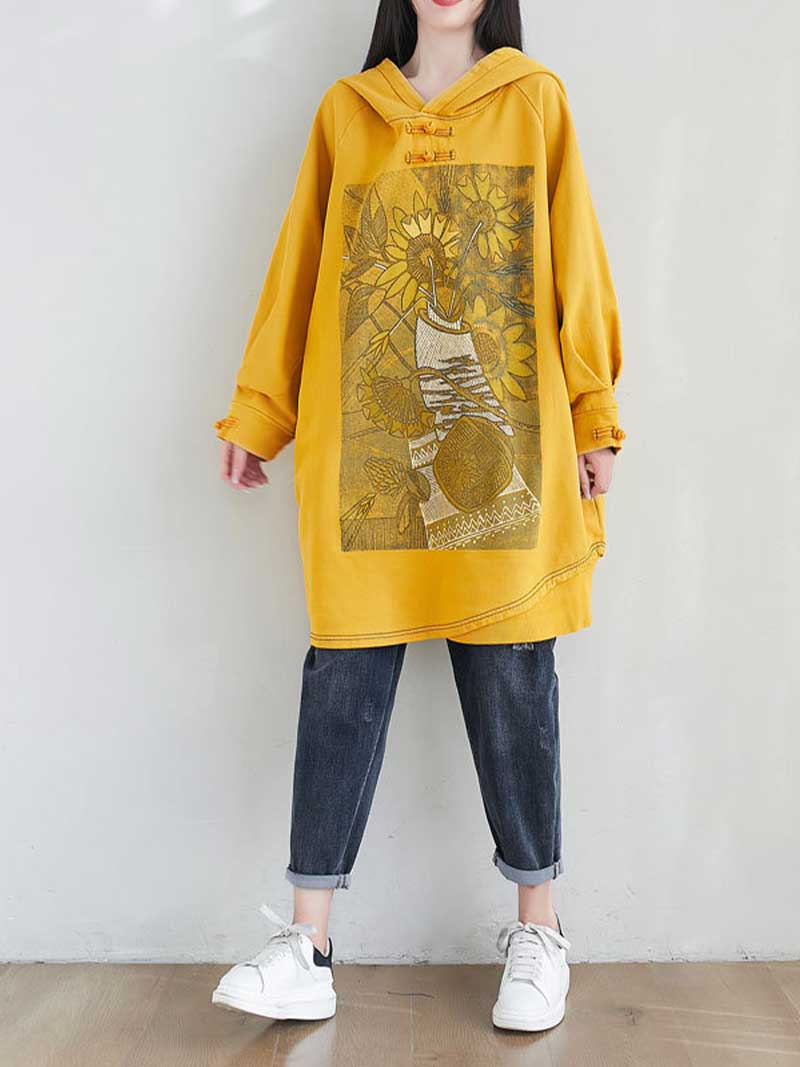 Hooded Floral Graphic Print Longline Sweatshirt Hoodie