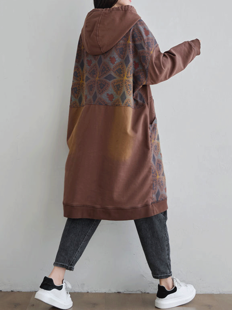 Hooded Drawstring Printed Pocket Sweatshirt Midi Dress 5