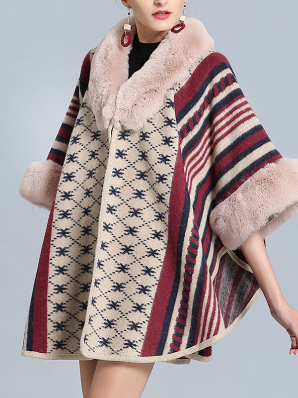 Faux Fur Collar Striped Aztec Print Cape Cardigan 12