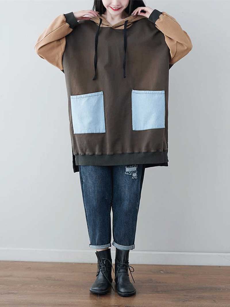 Hooded Color Block Patch Pocket Drawstring Oversized Hoodie 5
