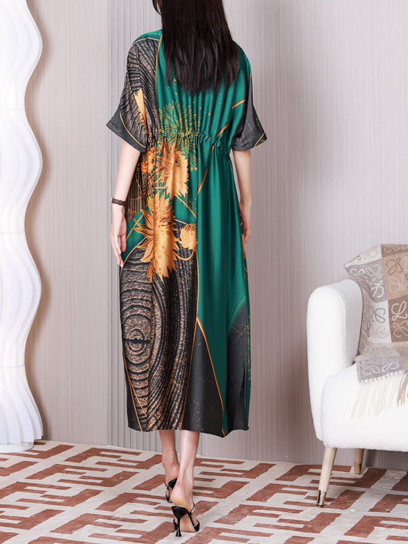 Green V-Neck Short Sleeve Floral Print Drawstring Waist Loose Midi Dress 2