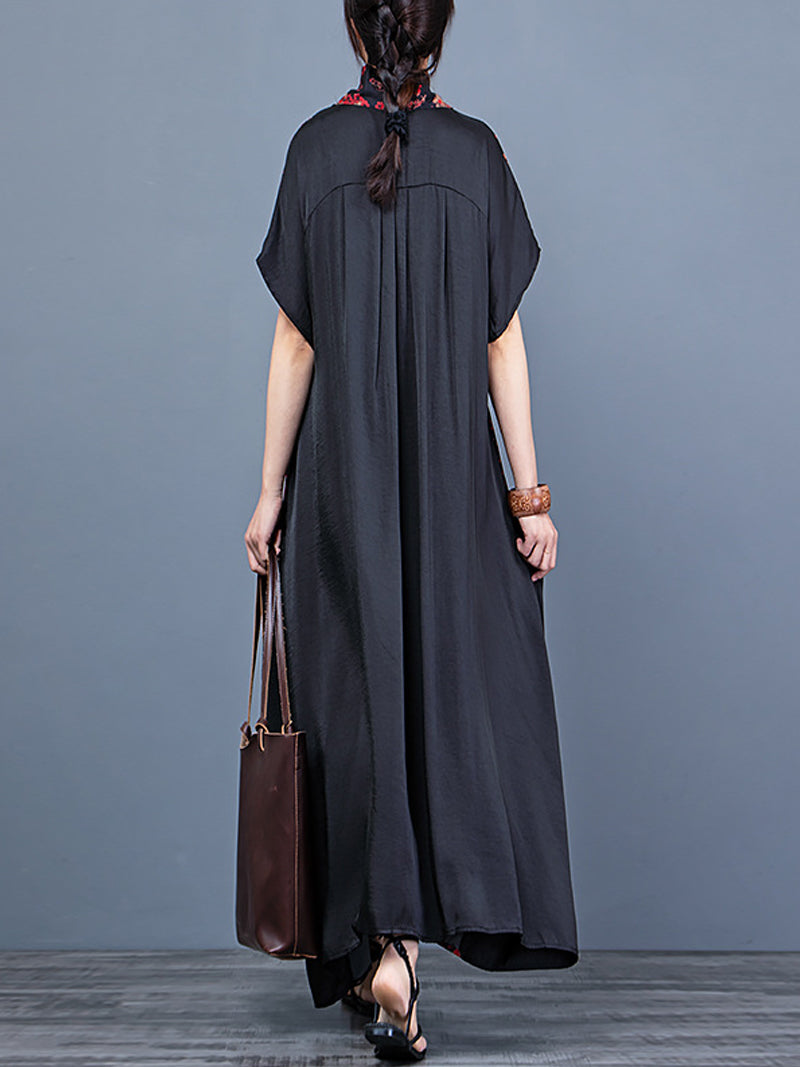 V-Neck Short Sleeve Floral Print Tie Front Loose Maxi Dress 4