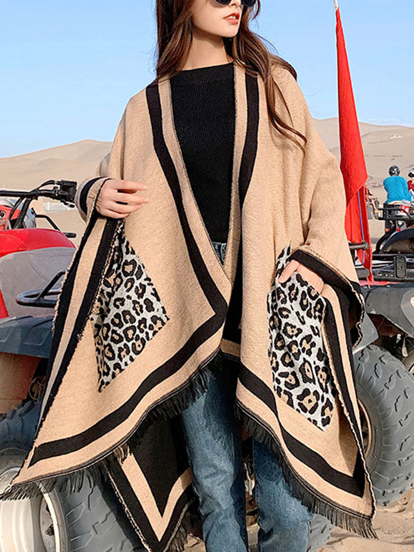 Leopard Pocket Fringe Trim Open Front Shawl Cape 2