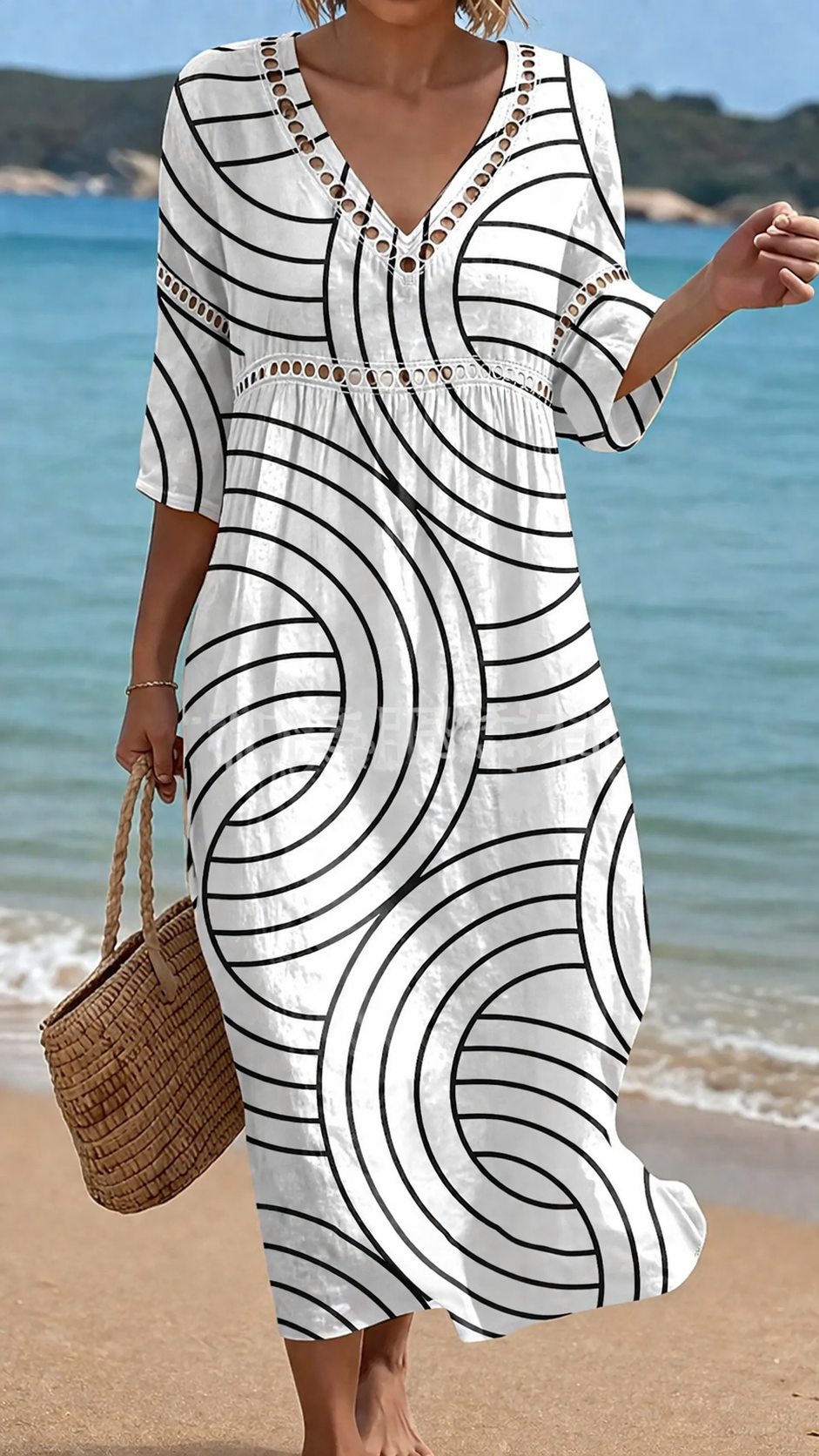 V-Neck Crochet Trim Geometric Swirl Print Half Sleeve Shift Maxi Dress