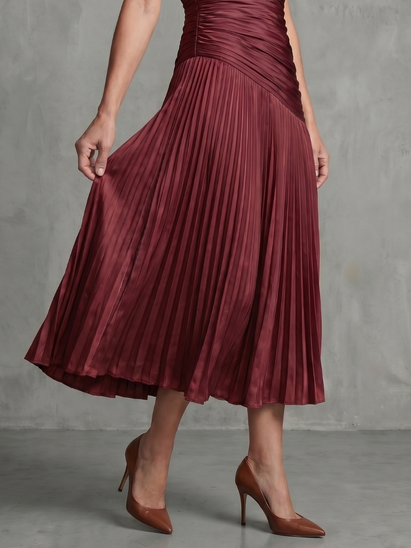 Collared Pinstripe Short Sleeve Ruched Waist Pleated Midi Dress