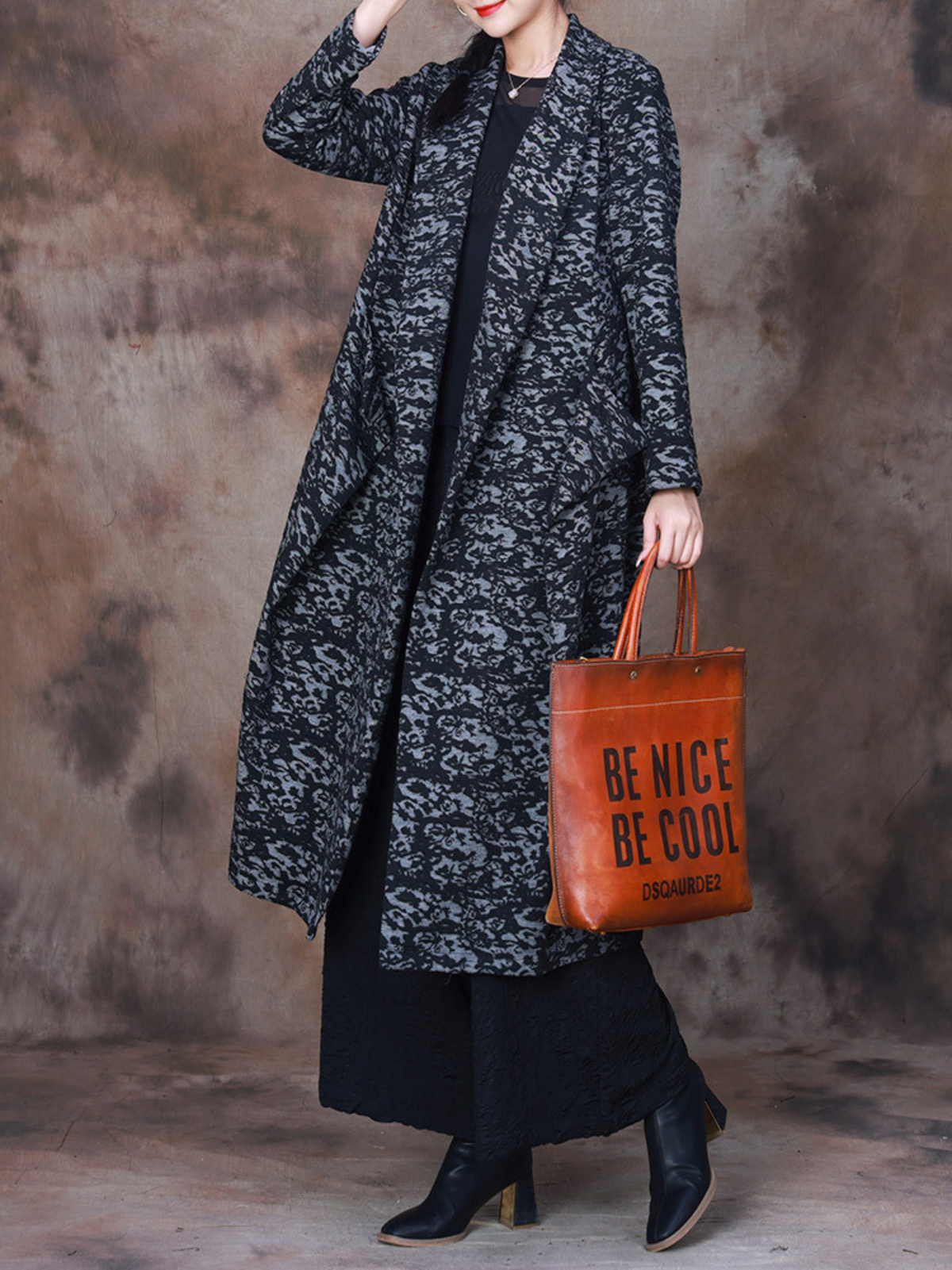 Lapel Collar Abstract Print Open Front Long Line Jacket 2
