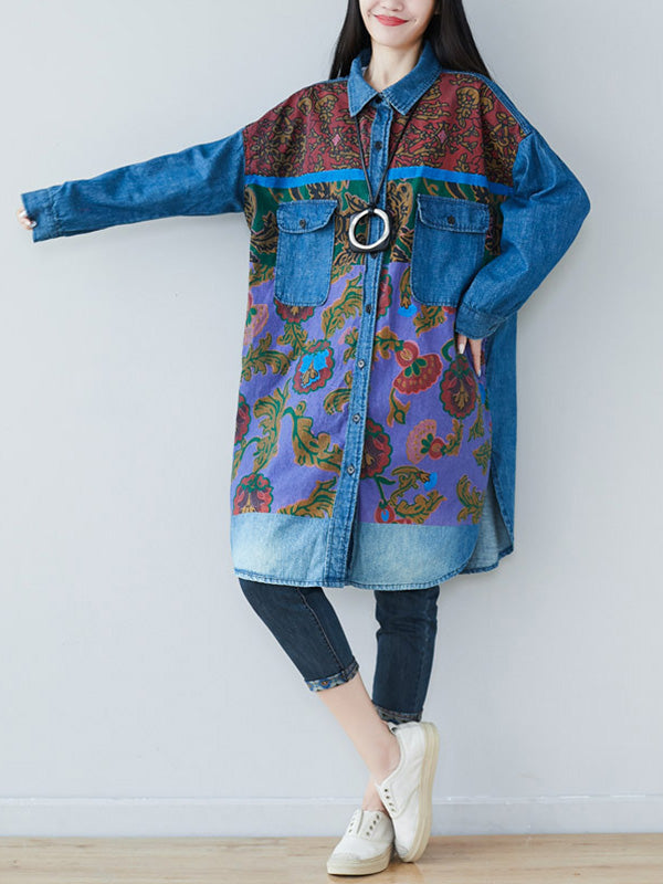 Collared Button Down Floral Print Denim Shirt Midi Dress