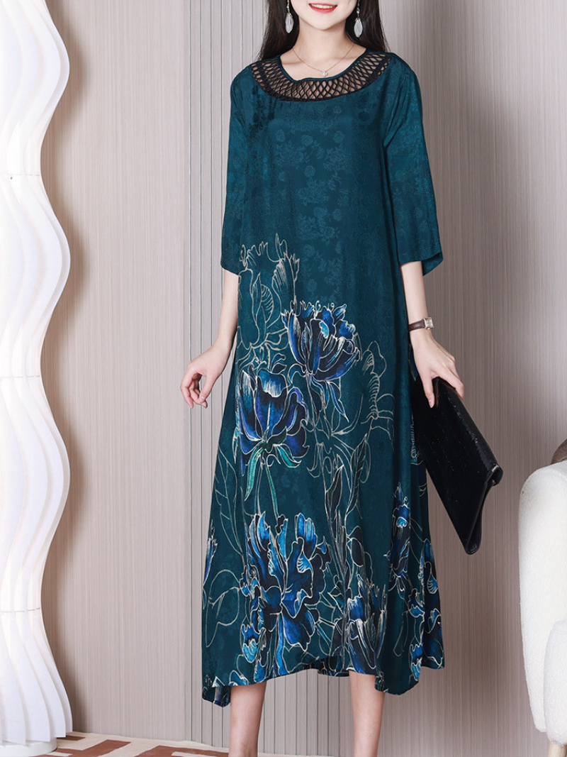 Cutout Round Neck Half Sleeve Floral Print Loose Midi Dress