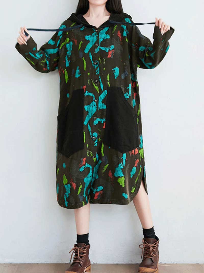 Hooded Button Front Abstract Print Patch Pocket Long Sleeve Midi Dress 7