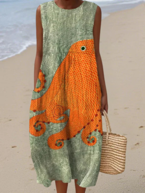 Multicolor Round Neck Octopus Print Sleeveless Linen Shift Midi Dress