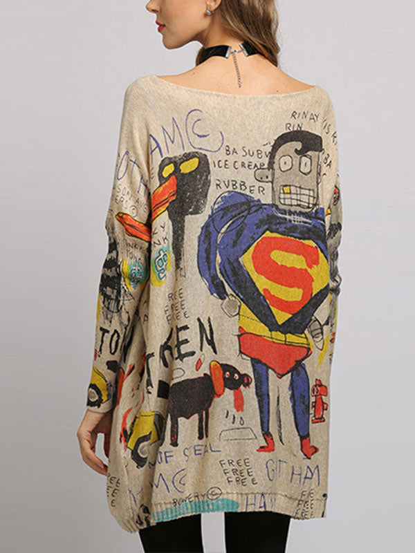 Boat Neck Long Sleeve Graffiti Print Oversized Knit Sweater 9