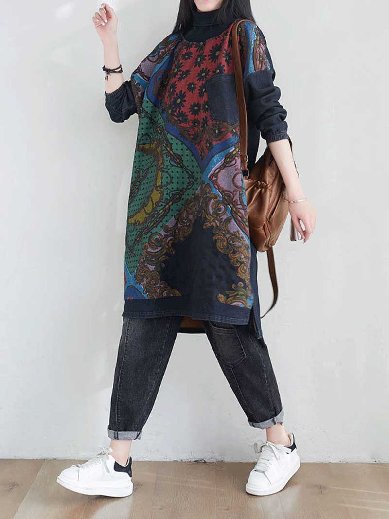 Round Neck Mixed Print Plaid Panel Long Sleeve Shift Midi Dress 10
