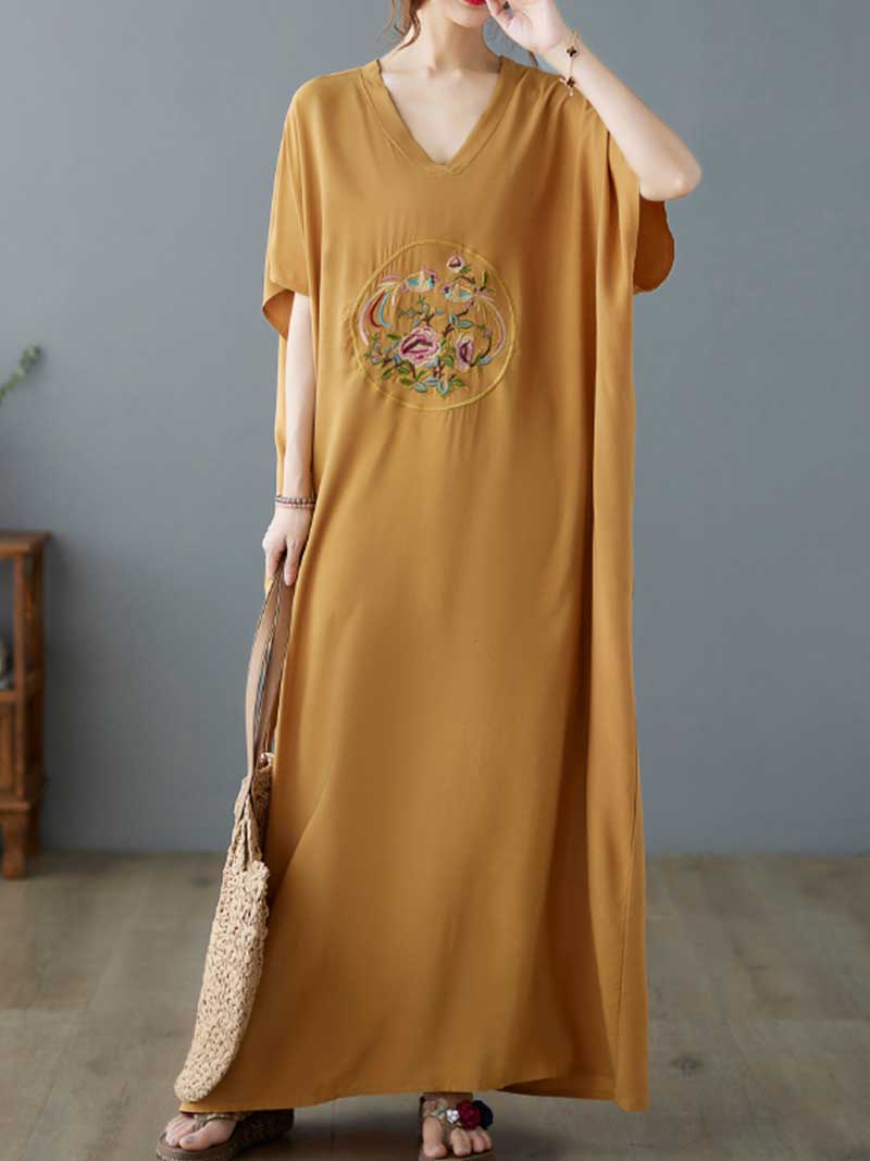 Yellow V-Neck Floral Embroidered Medallion Short Sleeve Loose Kaftan Maxi Dress