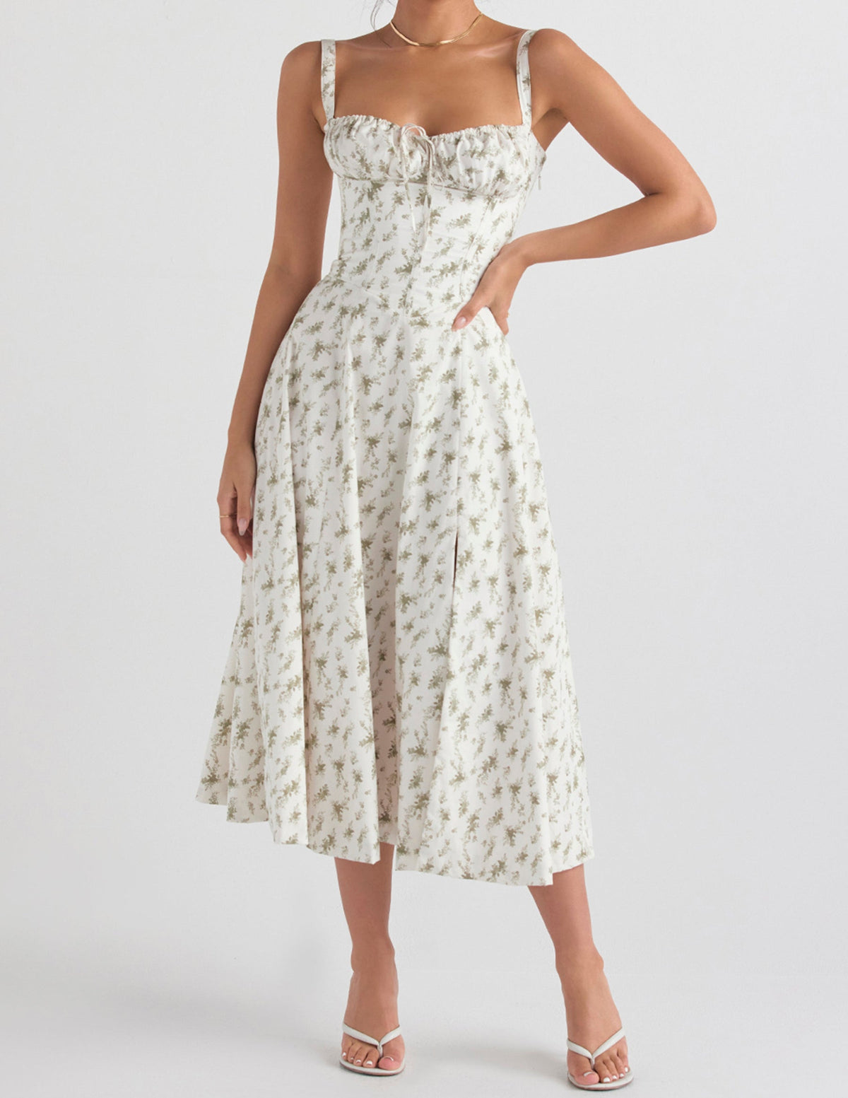 Sweetheart Neck Floral Print Corset Strap High Slit Midi Dress 5