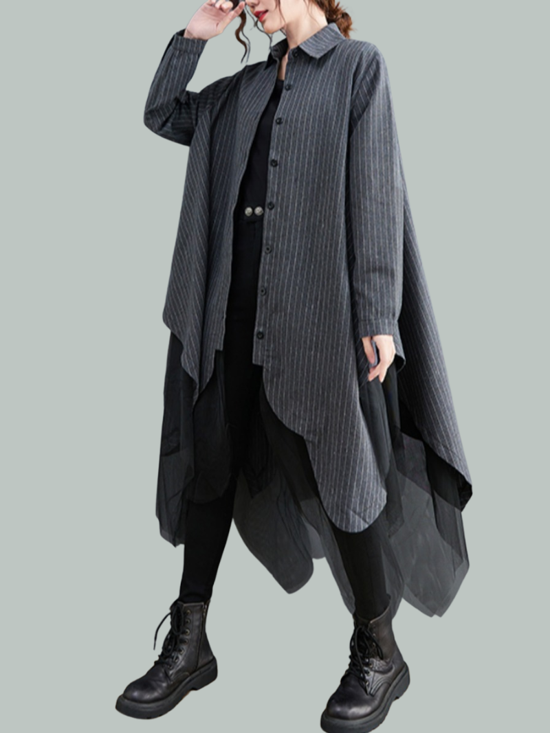 Collared Pinstripe Batwing Sleeve Oversized Button-Up Shirt Dress 3
