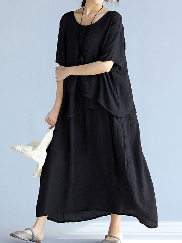 Round Neck Layered Short Sleeve Loose A-Line Linen Maxi Dress 14