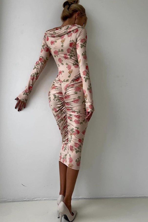 Asymmetrical Neck Ruched Midi Dress
