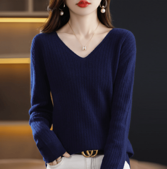 V-Neck Pullover Long Sleeve Solid Color Cashmere Sweater