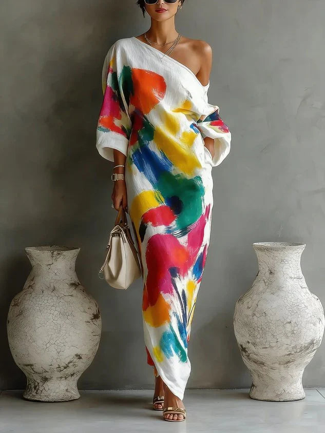 One-Shoulder Long Sleeve Abstract Watercolor Print Column Maxi Dress