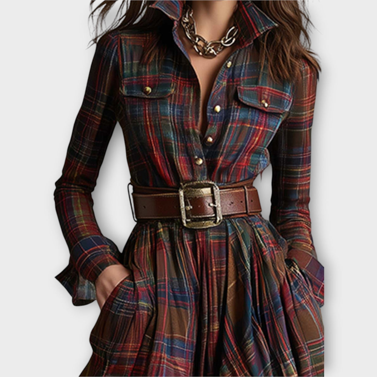 Collared Plaid Long Sleeve Belted Button-Front Flowing Maxi Shirt Dress