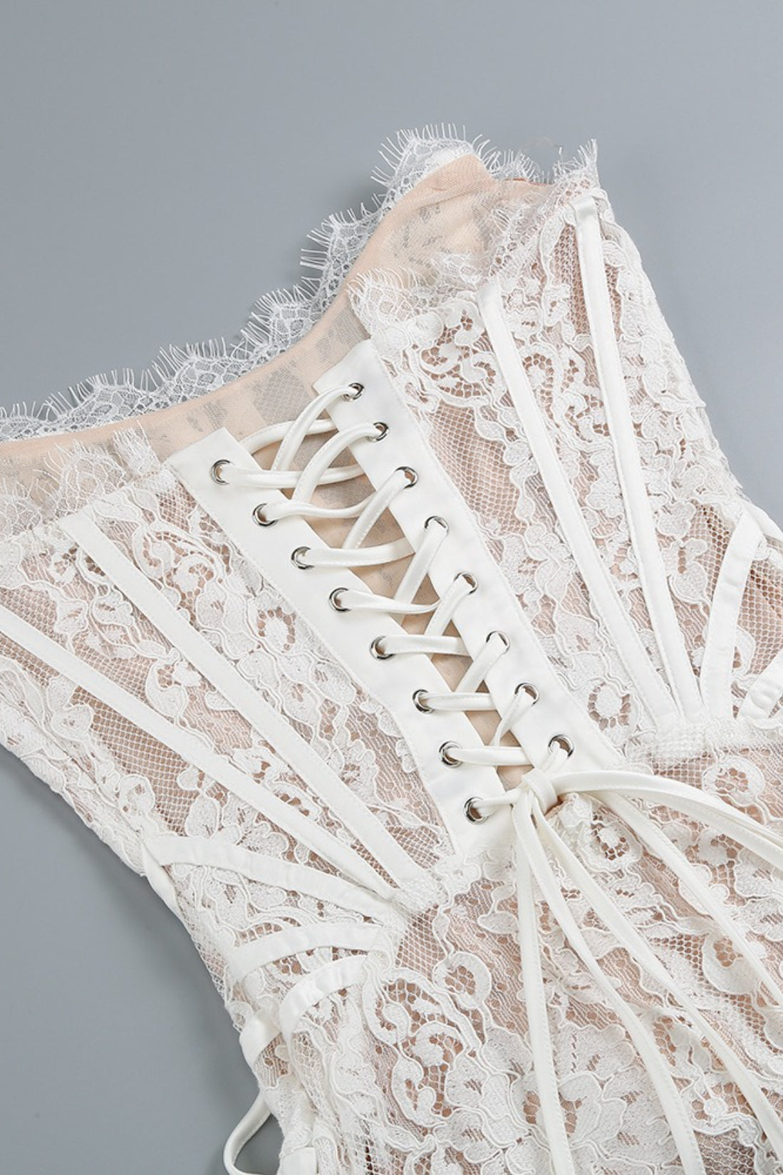 Strapless Lace Corset Sheer Panel Mini Dress 9