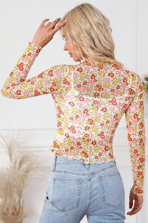 Long Arm Blouse Mock Flowered with Neck
