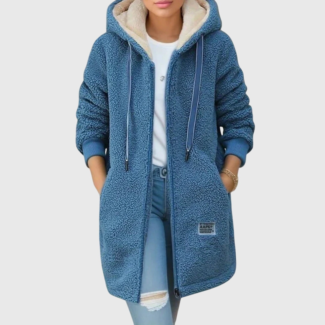 Hooded Sherpa Fleece Drawstring Zip Up Longline Jacket