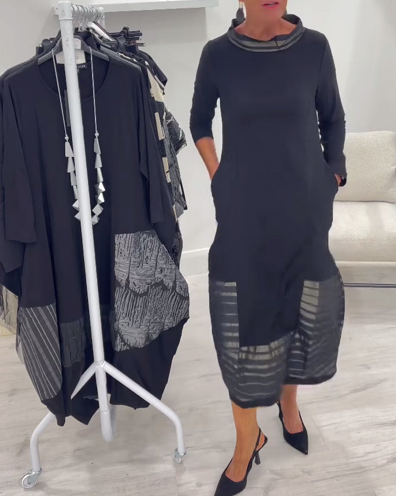 Black Cowl Neck Three-Quarter Sleeve Sheer Striped Hem Cocoon Midi Dress