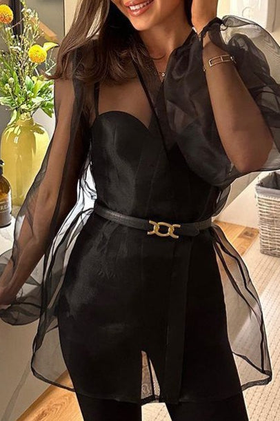 Sheer Mesh Puff-Sleeve Tie-Front Blouse