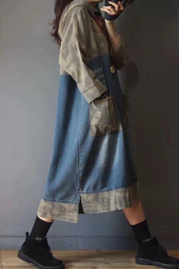 Vintage Spliced Hooded Dresses Female Spring Irregular Length Dress