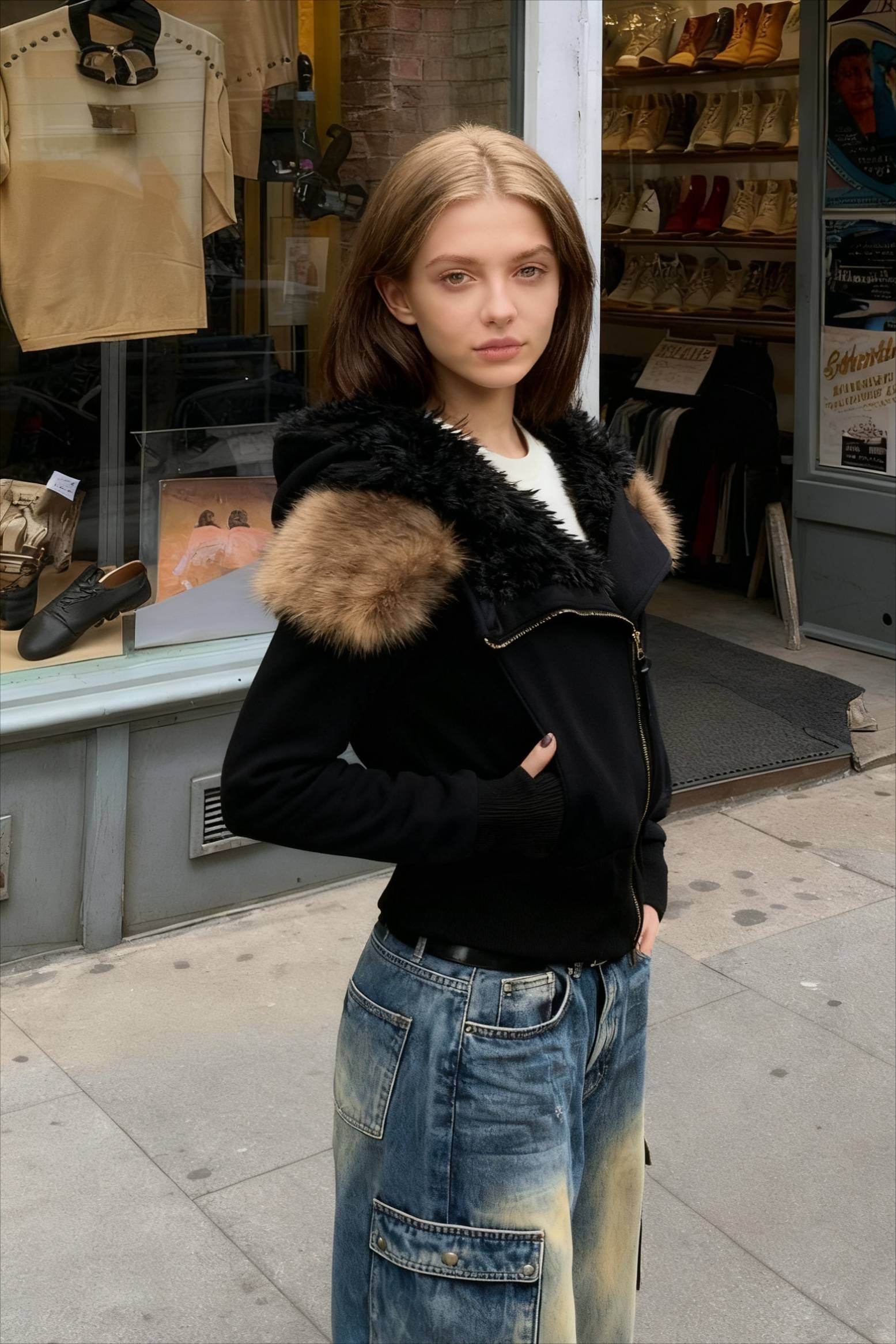 FleeceLined Hooded FurCollar Zip Short Jacket