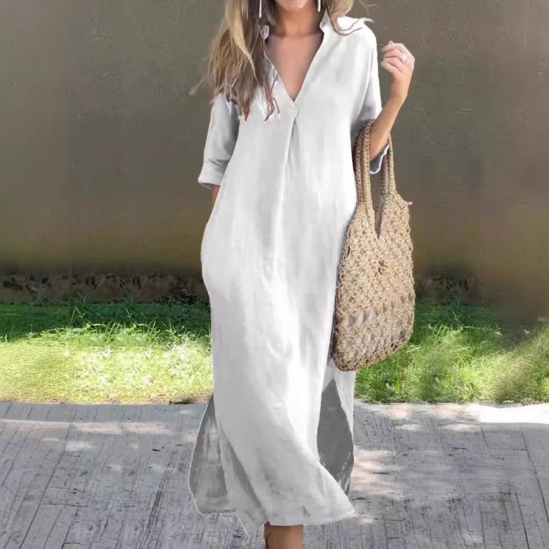 V-Neck Half Sleeve Linen Side-Slit Oversized Shift Maxi Dress 4