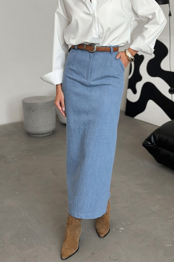 Blue Denim Split Bodycon Skirt