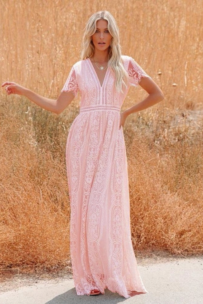 Deep V Neck Lace Cap Sleeve Empire Waist Scalloped Hem Maxi Dress 10