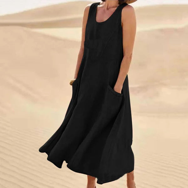 Round Neck Sleeveless Linen Pocket A-Line Midi Dress 12