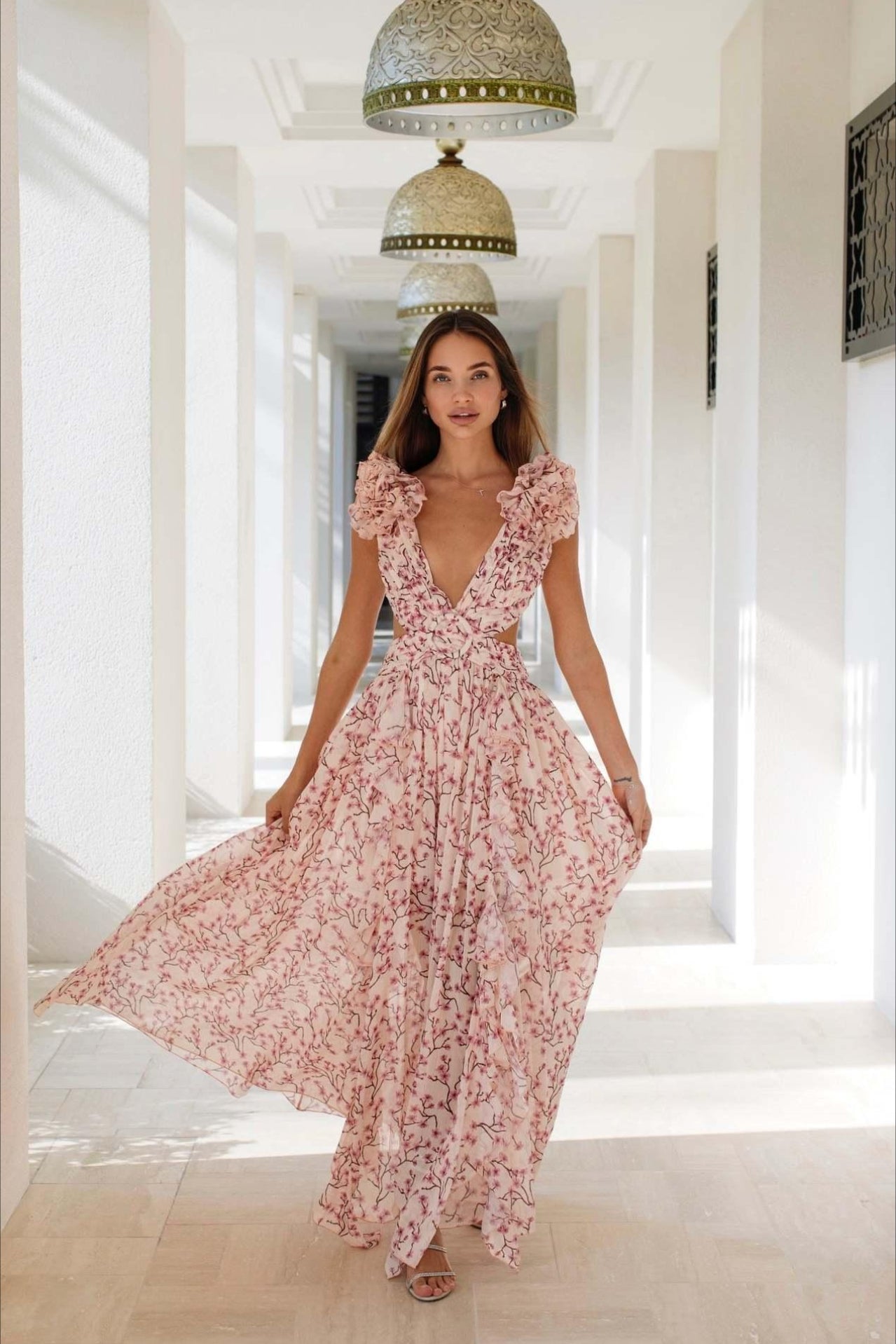 One Shoulder Ruffle Strap Cutout Tiered Blossom Print Maxi Dress 4