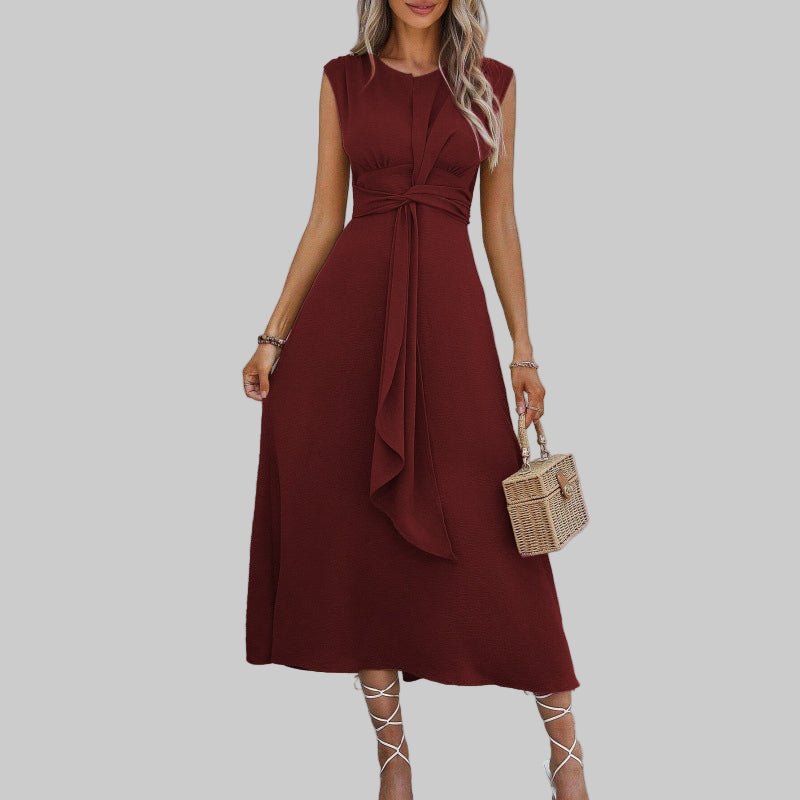 Round Neck Cap Sleeve Twist Front Tie Waist A-Line Midi Dress