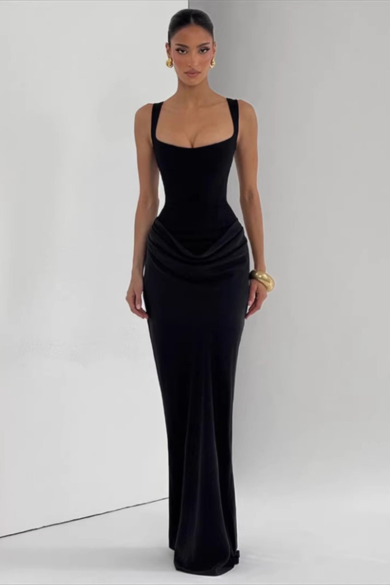 Solid Square Neck Ruched Panel Bodycon Party Dress
