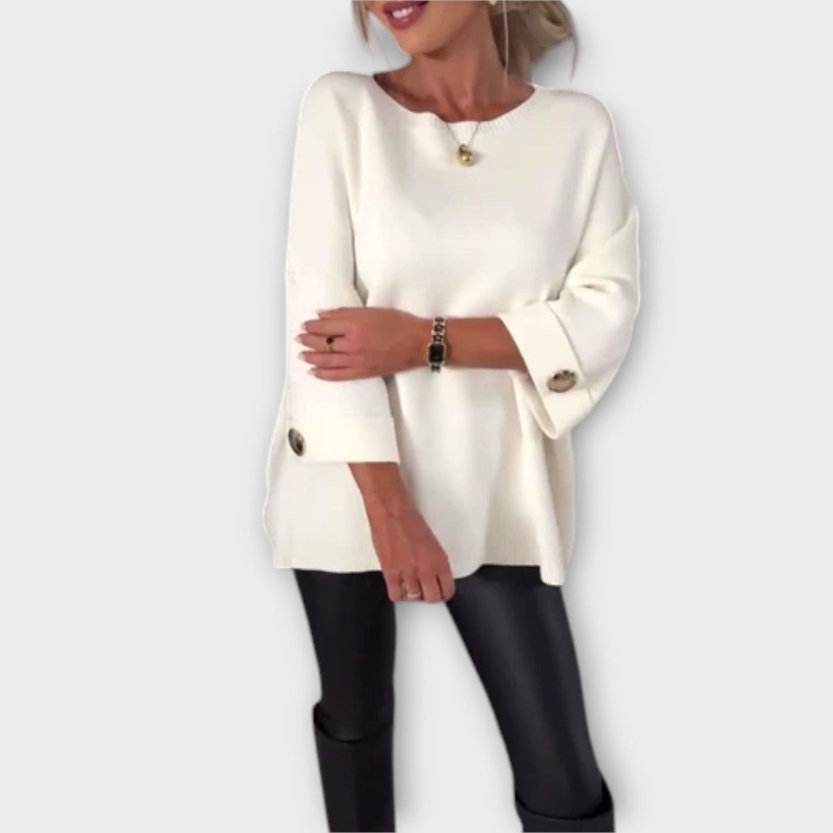 Round Neck Long Sleeve Button Cuff Oversized Knit Sweater