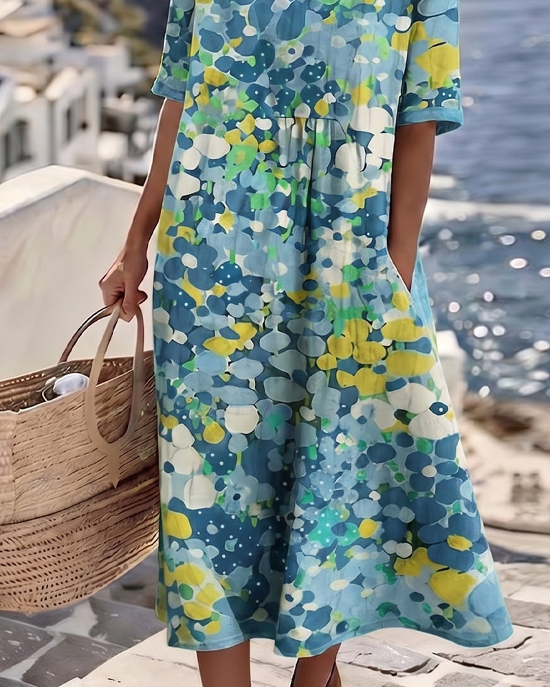 Round Neck Watercolor Floral Print Short Sleeve Pocket A-Line Midi Dress