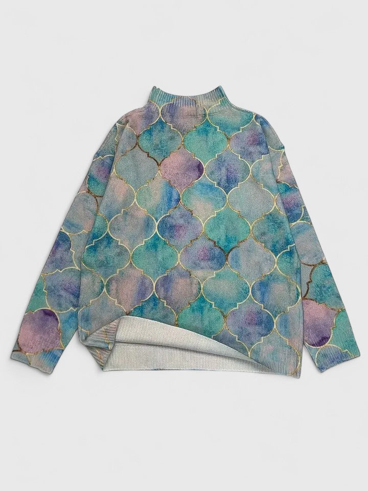 Multi Colored Turtleneck Moroccan Tile Print Long Sleeve Knit Sweater