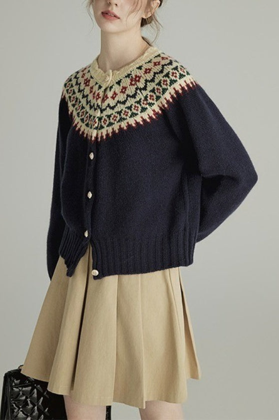 Wool Crew Neck Long Sleeve Single Breasted Cardigan