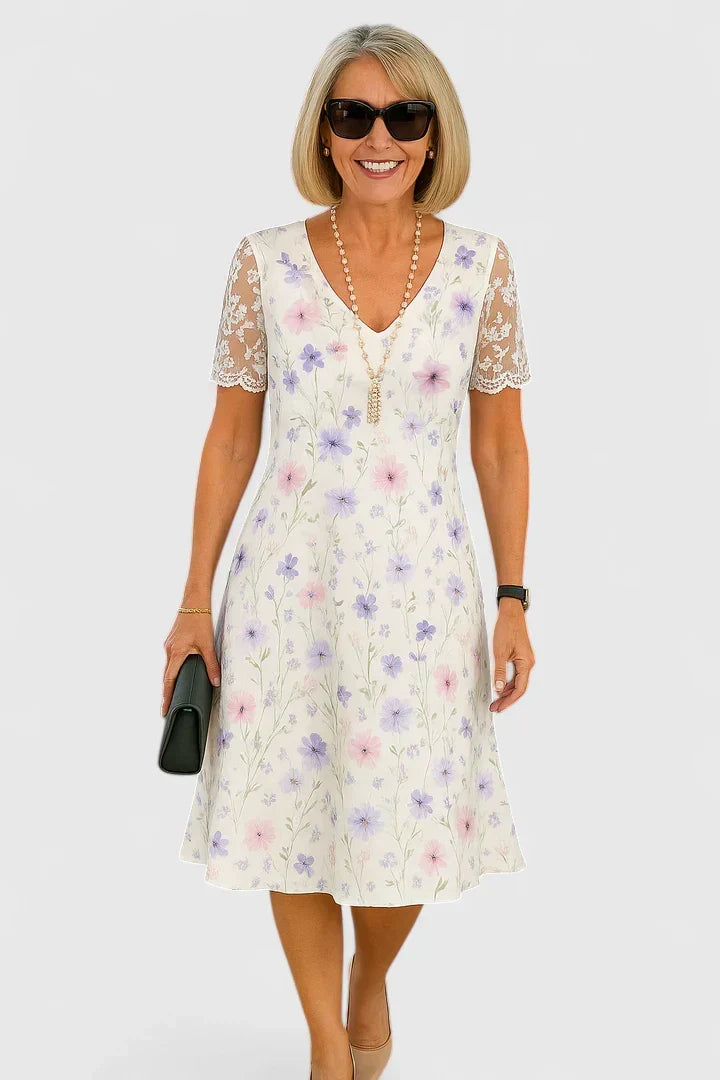 V-Neck Floral Print Lace Sleeve A-Line Midi Dress