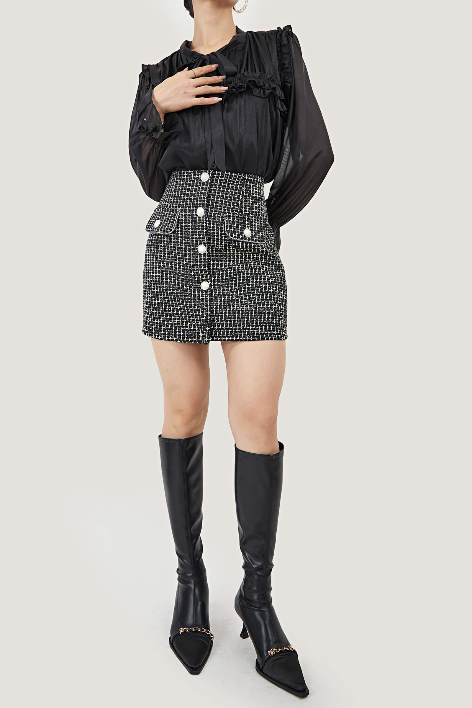 Tie-Neck Ruffle Pleated Blouse