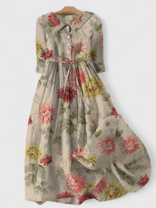 Multicolored Collared Button Front Floral Print Tie Waist A-Line Midi Dress