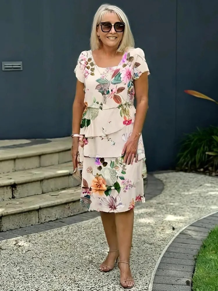 Round Neck Floral Puff Sleeve Tiered Ruffle A-Line Midi Dress