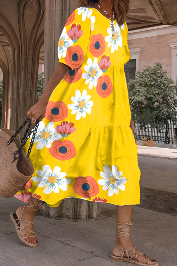 Round Neck Tropical Floral Short Sleeve Tiered A-Line Midi Dress 4