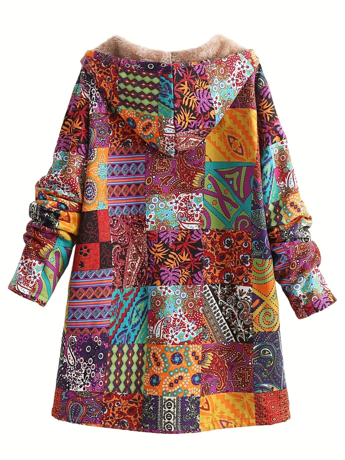 Hooded Ethnic Patchwork Print Fleece-Lined Button Front Longline Coat