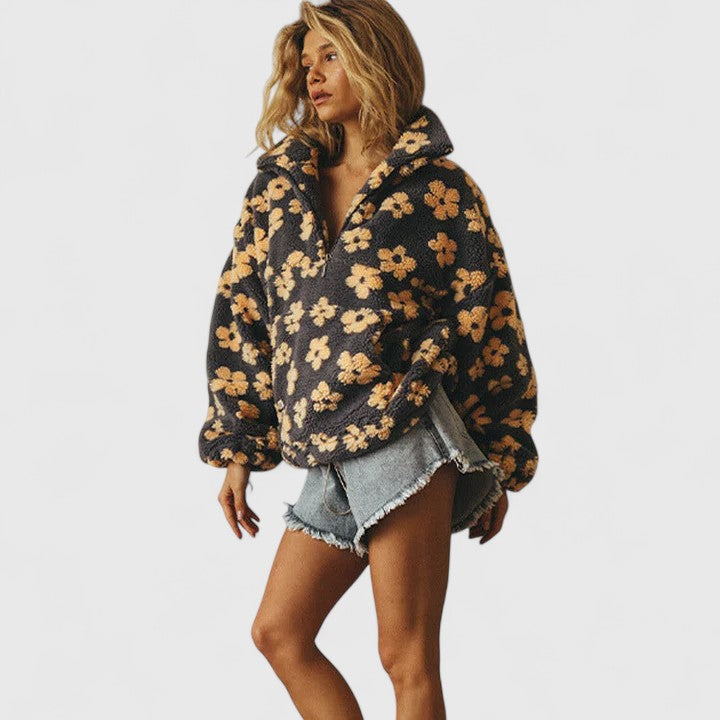 Stand Collar Floral Fleece Quarter-Zip Cropped Sweatshirt 4