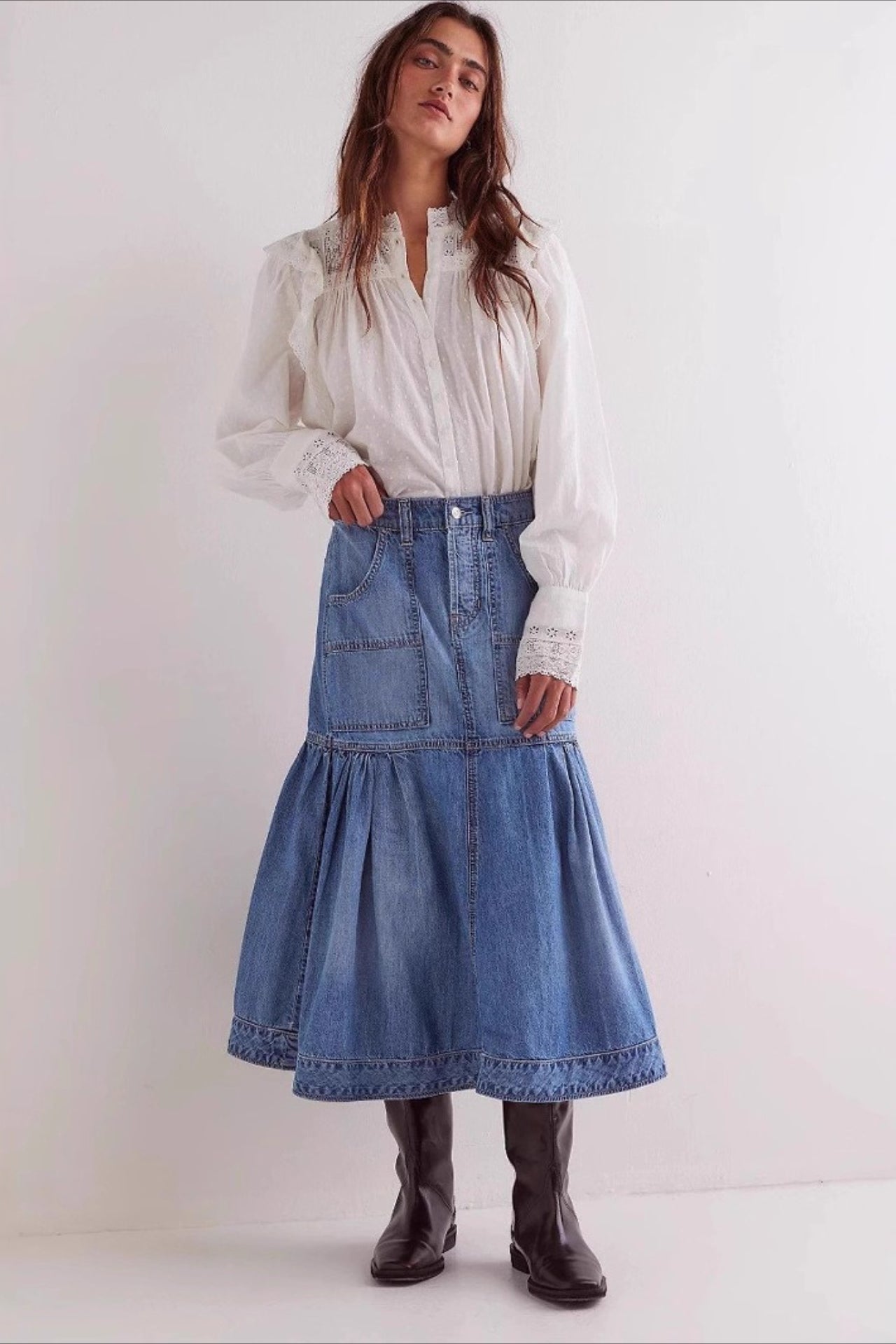 High-Waist Denim A-Line Skirt